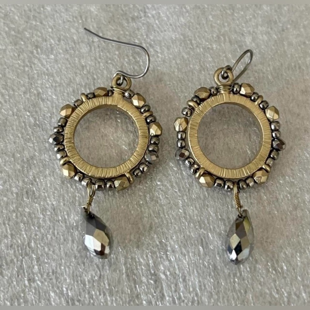 Vintage Gold-Tone Circular Drop Earrings with Faceted Crystal Dangles